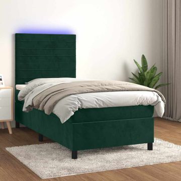 vidaXL Lova su spyruoklėmis/čiužiniu/LED, žalia, 90x190cm, aksomas