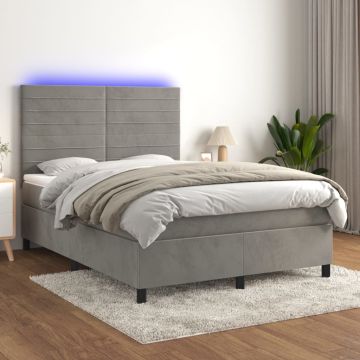 vidaXL Lova su spyruoklėmis/čiužiniu/LED, pilka, 140x190cm, aksomas