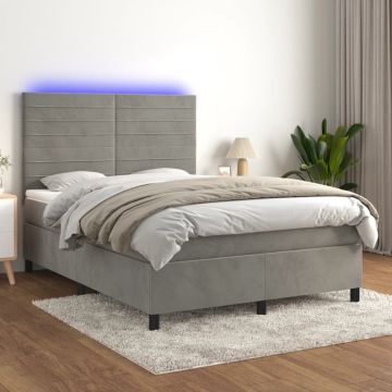 vidaXL Lova su spyruoklėmis/čiužiniu/LED, pilka, 140x200cm, aksomas