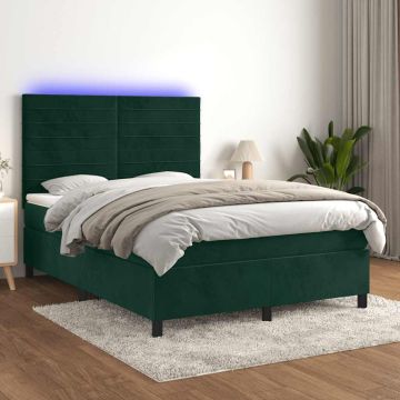 vidaXL Lova su spyruoklėmis/čiužiniu/LED, žalia, 140x200cm, aksomas