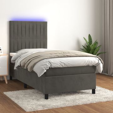 vidaXL Lova su spyruoklėmis/čiužiniu/LED, pilka, 100x200cm, aksomas