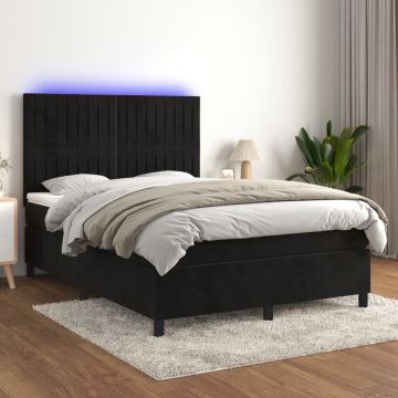 vidaXL Lova su spyruoklėmis/čiužiniu/LED, juoda, 140x190cm, aksomas