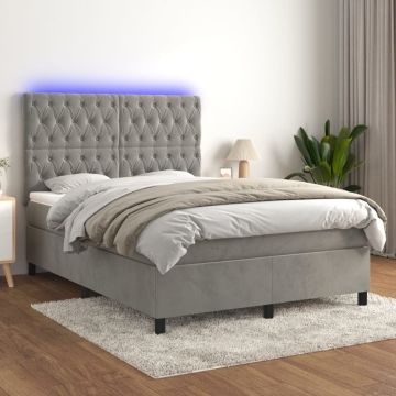 vidaXL Lova su spyruoklėmis/čiužiniu/LED, pilka, 140x190cm, aksomas
