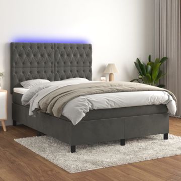 vidaXL Lova su spyruoklėmis/čiužiniu/LED, pilka, 140x190cm, aksomas