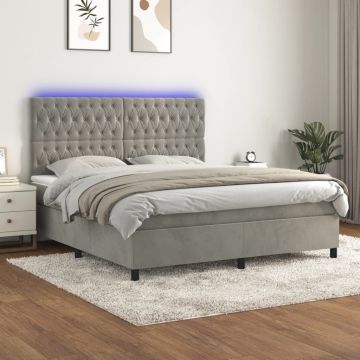 vidaXL Lova su spyruoklėmis/čiužiniu/LED, pilka, 160x200cm, aksomas