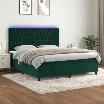 vidaXL Lova su spyruoklėmis/čiužiniu/LED, žalia, 160x200cm, aksomas