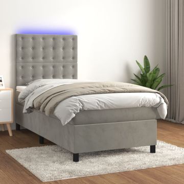 vidaXL Lova su spyruoklėmis/čiužiniu/LED, pilka, 90x200cm, aksomas