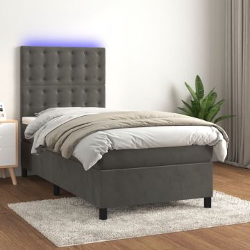 vidaXL Lova su spyruoklėmis/čiužiniu/LED, pilka, 100x200cm, aksomas