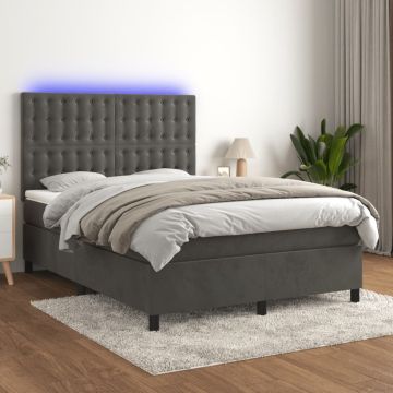 vidaXL Lova su spyruoklėmis/čiužiniu/LED, pilka, 140x190cm, aksomas