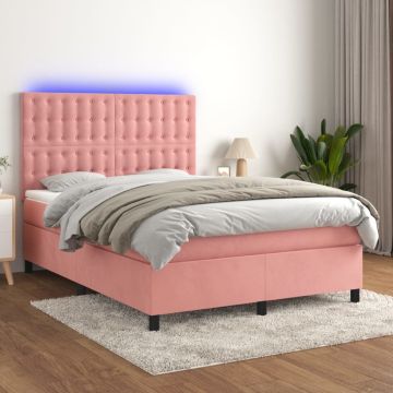 vidaXL Lova su spyruoklėmis/čiužiniu/LED, rožinė, 140x190cm, aksomas