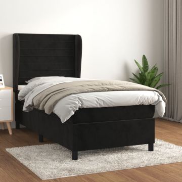 vidaXL Lova su spyruoklėmis ir čiužiniu, juoda, 90x190 cm, aksomas