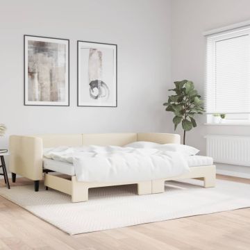 vidaXL Lova su ištraukiama dalimi/čiužiniu, kreminė, 90x200cm, audinys