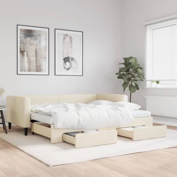 vidaXL Ištraukiama lova su stalčiais, kreminė, 90x200cm, audinys