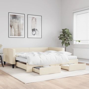 vidaXL Ištraukiama lova su stalčiais, kreminė, 100x200cm, audinys