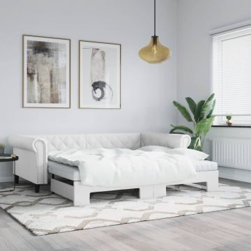 vidaXL Ištraukiama lova su čiužiniais, balta, 90x200cm, dirbtinė oda