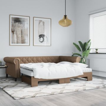 vidaXL Ištraukiama lova su čiužiniais, ruda, 90x200cm, dirbtinė oda