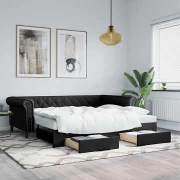 vidaXL Ištraukiama lova su stalčiais, juoda, 90x200cm, dirbtinė oda