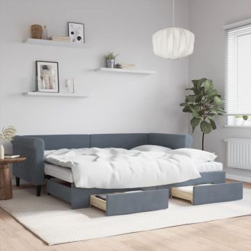 vidaXL Lova su ištraukiama dalimi/stalčiais, pilka, 90x200cm, aksomas