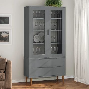 vidaXL Vitrininė spintelė MOLDE, pilka, 90x35x175cm, pušies masyvas