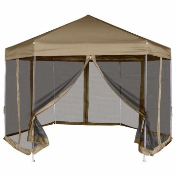 vidaXL Šešiakampė išskleidžiama palapinė su sienomis, taupe, 3,6x3,1m