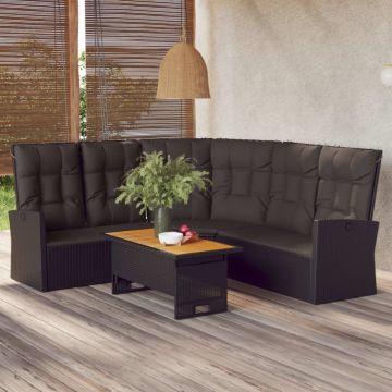vidaXL Atlošiama kampinė sofa su pagalvėlėmis, juoda, poliratanas