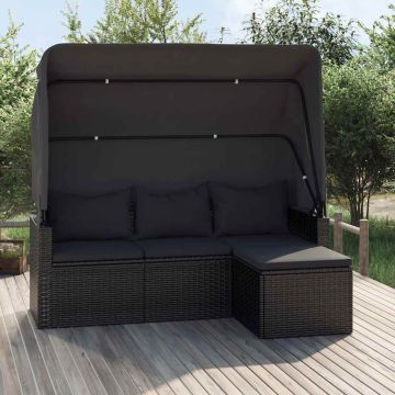 vidaXL Trivietė sodo sofa su stogeliu ir pakoja, juoda, poliratanas