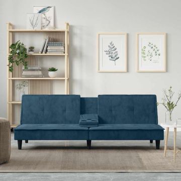vidaXL Sofa-lova su puodelių laikikliais, mėlynos spalvos, aksomas