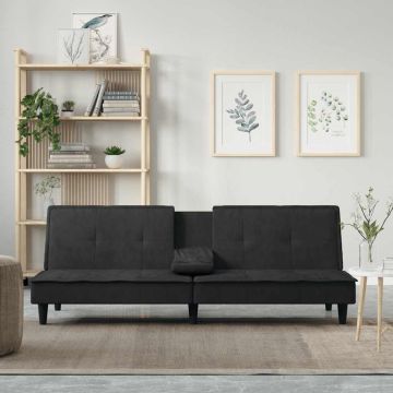 vidaXL Sofa-lova su puodelių laikikliais, juodos spalvos, aksomas