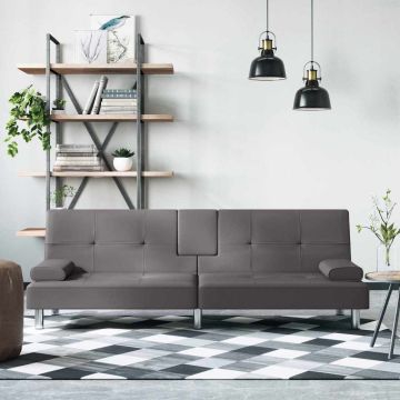 vidaXL Sofa-lova su puodelių laikikliais, pilkos spalvos, dirbtinė oda