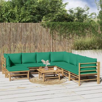 vidaXL Sodo komplektas su žaliomis pagalvėlėmis, 9 dalių, bambukas