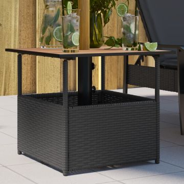 vidaXL Sodo stalas su anga skėčiui, juodas, 55x55x46,5cm, poliratanas