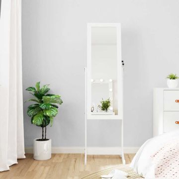 vidaXL Veidrodinė papuošalų spintelė su LED, balta, laisvai pastatoma