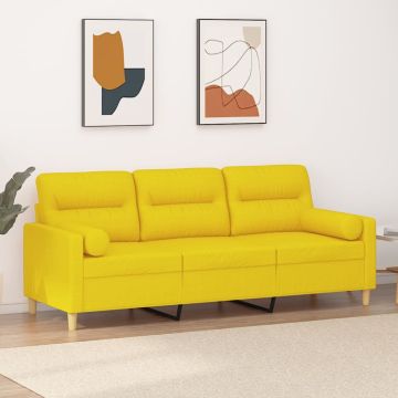 vidaXL Trivietė sofa su pagalvėlėmis, šviesiai geltona, 180cm, audinys