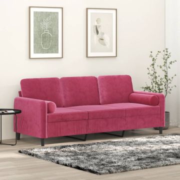 vidaXL Trivietė sofa su pagalvėlėmis, raudonojo vyno, 180cm, aksomas