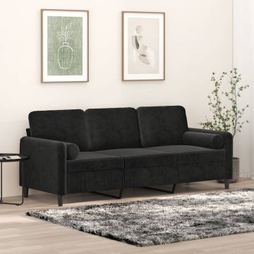 vidaXL Trivietė sofa su pagalvėlėmis, juodos spalvos, 180cm, aksomas