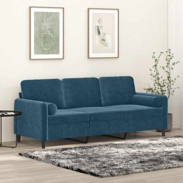vidaXL Trivietė sofa su pagalvėlėmis, mėlynos spalvos, 180cm, aksomas
