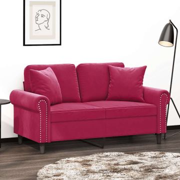 vidaXL Dvivietė sofa su pagalvėlėmis, raudonojo vyno, 120cm, aksomas