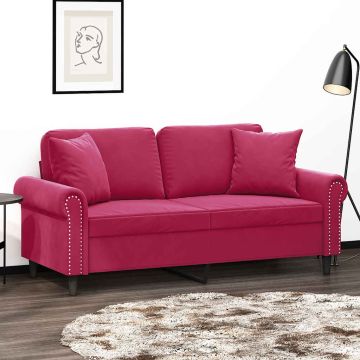 vidaXL Dvivietė sofa su pagalvėlėmis, raudonojo vyno, 140cm, aksomas