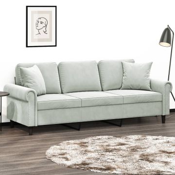 vidaXL Trivietė sofa su pagalvėlėmis, šviesiai pilka, 180cm, aksomas