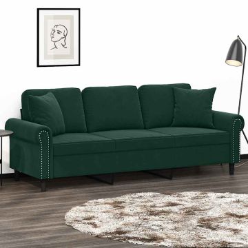vidaXL Trivietė sofa su pagalvėlėmis, tamsiai žalia, 180cm, aksomas