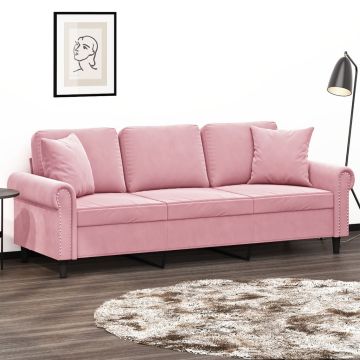 vidaXL Trivietė sofa su pagalvėlėmis, rožinės spalvos, 180cm, aksomas