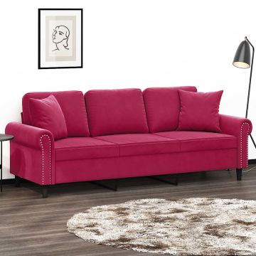 vidaXL Trivietė sofa su pagalvėlėmis, raudonojo vyno, 180cm, aksomas