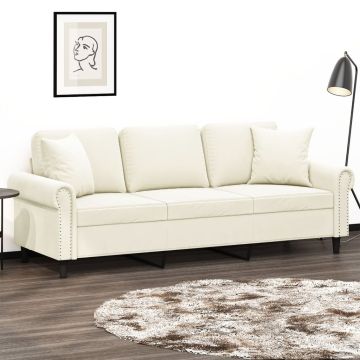 vidaXL Trivietė sofa su pagalvėlėmis, kreminės spalvos, 180cm, aksomas