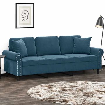 vidaXL Trivietė sofa su pagalvėlėmis, mėlynos spalvos, 180cm, aksomas