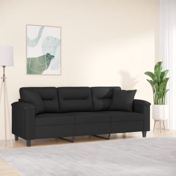 vidaXL Trivietė sofa su pagalvėmis, juoda, 180cm, mikropluošto audinys