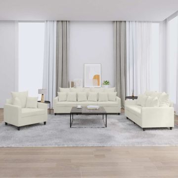 vidaXL Sofos komplektas su pagalvėlėmis, 3 dalių, kreminis, aksomas