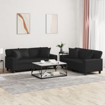 vidaXL Sofos komplektas su pagalvėmis, 2 dalių, juodas, dirbtinė oda