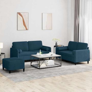 vidaXL Sofos komplektas su pagalvėmis, 3 dalių, mėlynas, aksomas