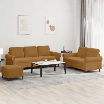 vidaXL Sofos komplektas su pagalvėlėmis, 3 dalių, rudas, aksomas