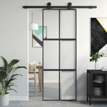 vidaXL Stumdomos durys, juodos, 76x205cm, grūdintas stiklas/aliuminis